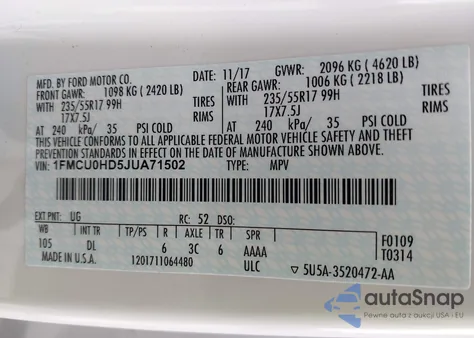 2018 Ford Escape Sel z USA, uszkodzony, nr VIN 1FMCU0HD5JUA71502